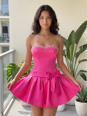Fuchsia Pearl Corset Short Homecoming Dresses Large Waist Bow Lace Up Back