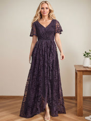A-Line V-Neck Asymmetrical Lace Mother of the Bride Dress With Cascading Ruffles