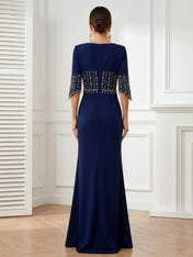 Navy Blue O Neck Half Sleeves Mermaid Satin Evening Dress with Beads