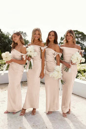 Off-Shoulder Sheath Pleated Satin Sky Blue Long Bridesmaid Dress