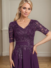 A-line V-Neck Tea-Length Lace Chiffon Mother of the Bride Dress With Sequins