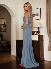 Dusty Blue Sheath Halter Long Mother of Bride Dress With Appliques