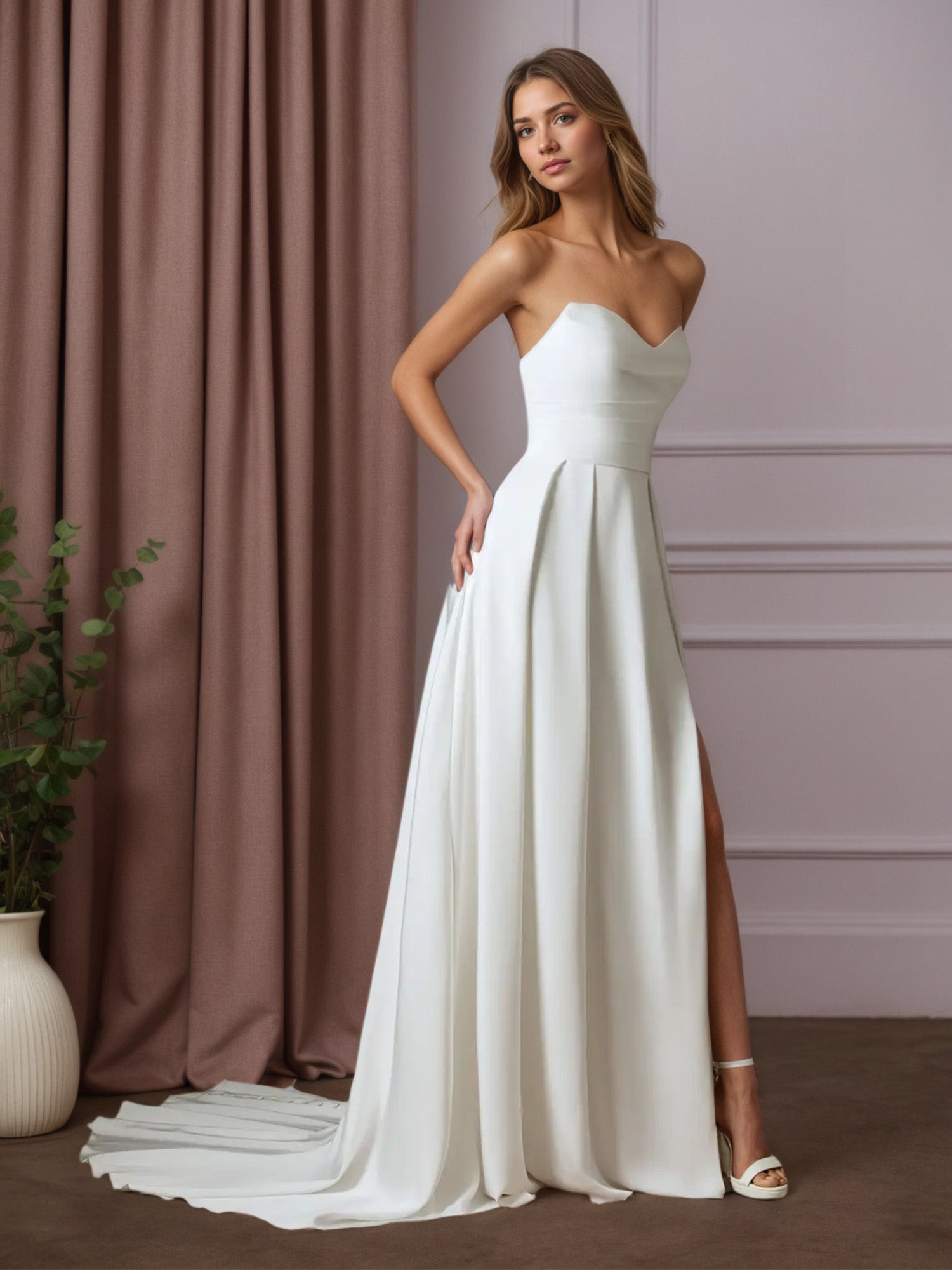 White A-Line Sequins Crepe Back Satin Wedding Dress