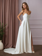 White A-Line Sequins Crepe Back Satin Wedding Dress