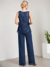 Separates Jumpsuit/Pantsuit Scoop Floor-Length Lace Chiffon Mother of the Bride Dress With Sequins