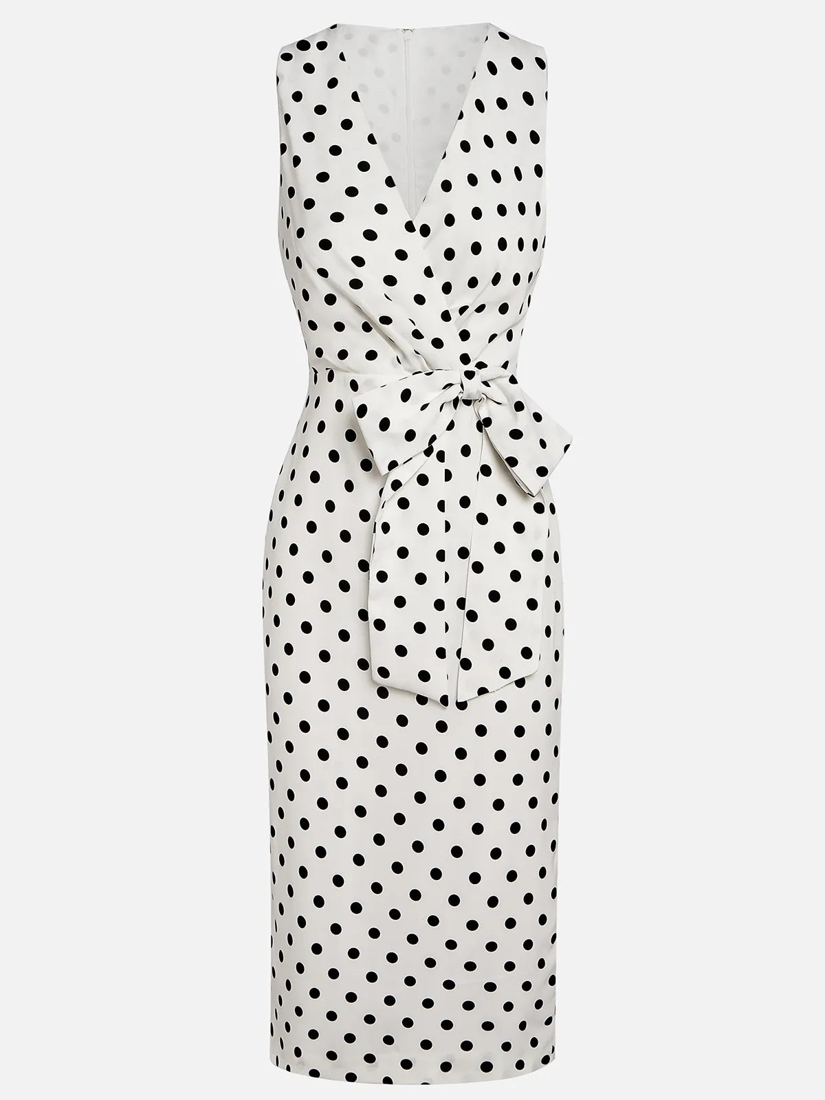 White Bow Printing Classic V Neck Sleeveless Sheath Midi Dress