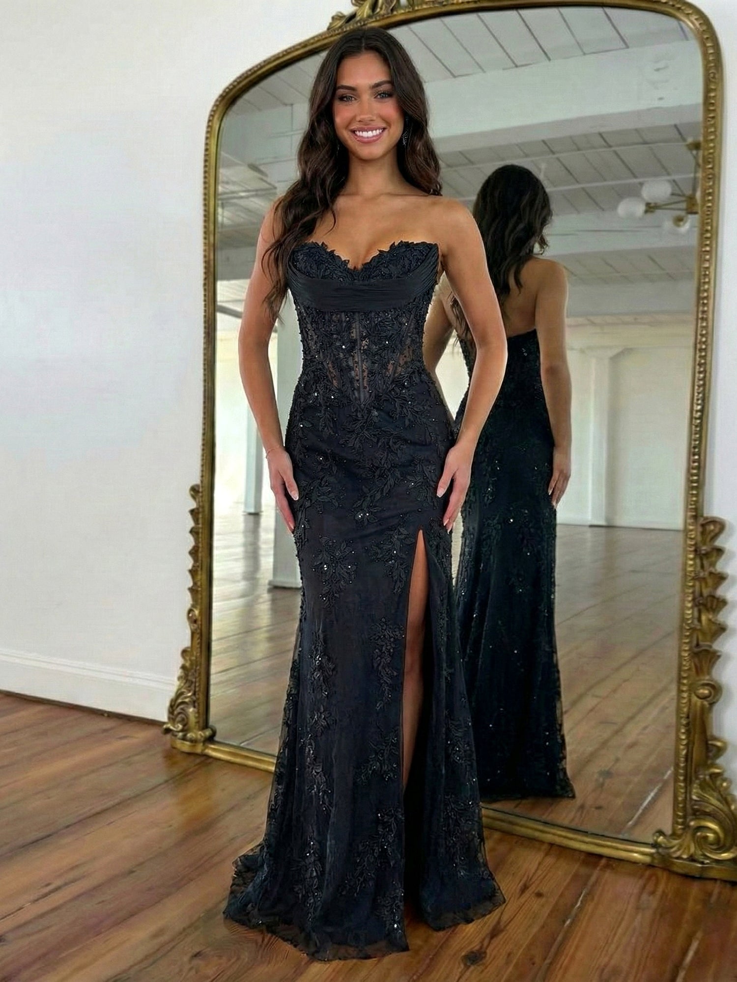 Strapless Corset Lace Floral Prom Dress with Thigh-High Slit