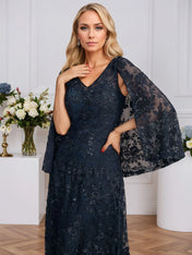 A-line V-Neck Floor-Length Lace Mother of the Bride Dress With Sequins