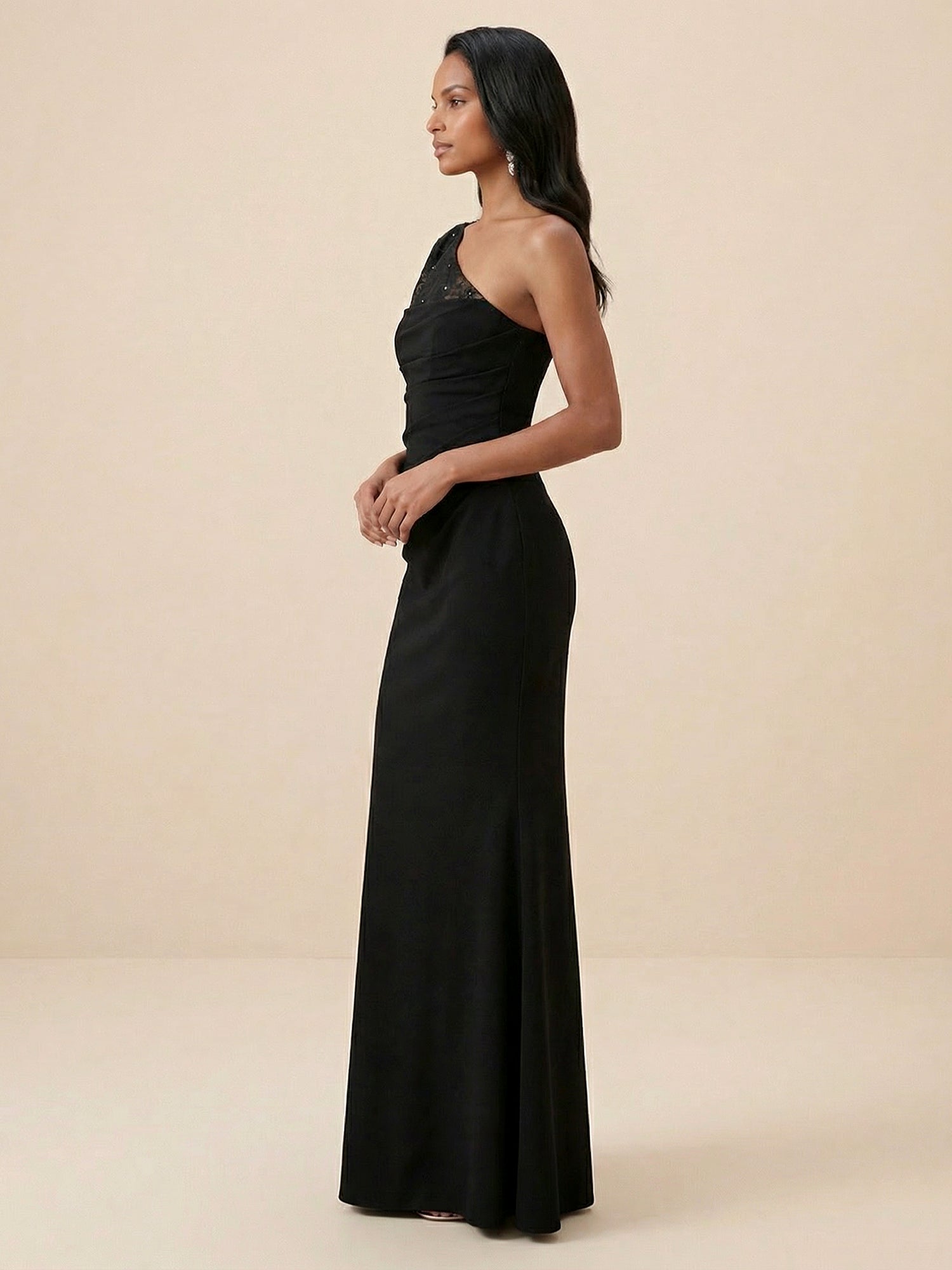Black One-Shoulder Lace  Ruched Mermaid Evening Dress