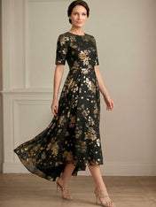 A-line Round Neck Short Sleeve Asymmetrical Jacquard Mother of the Bride Dress With Metallic Floral Print