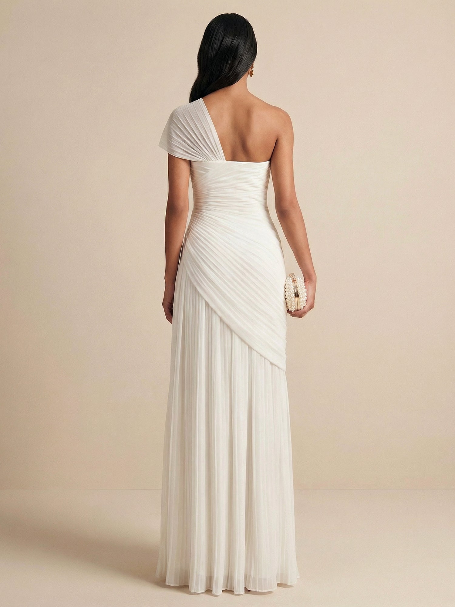 One Shoulder Pleated Chiffon Evening Dress with Side Slit