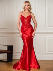 Sage Mermaid Spaghetti Straps Long Prom Dress With Appliques