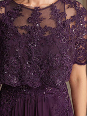 A-line Boat Neck Floor-Length Lace Chiffon Mother of the Bride Dress With Applique Sequins