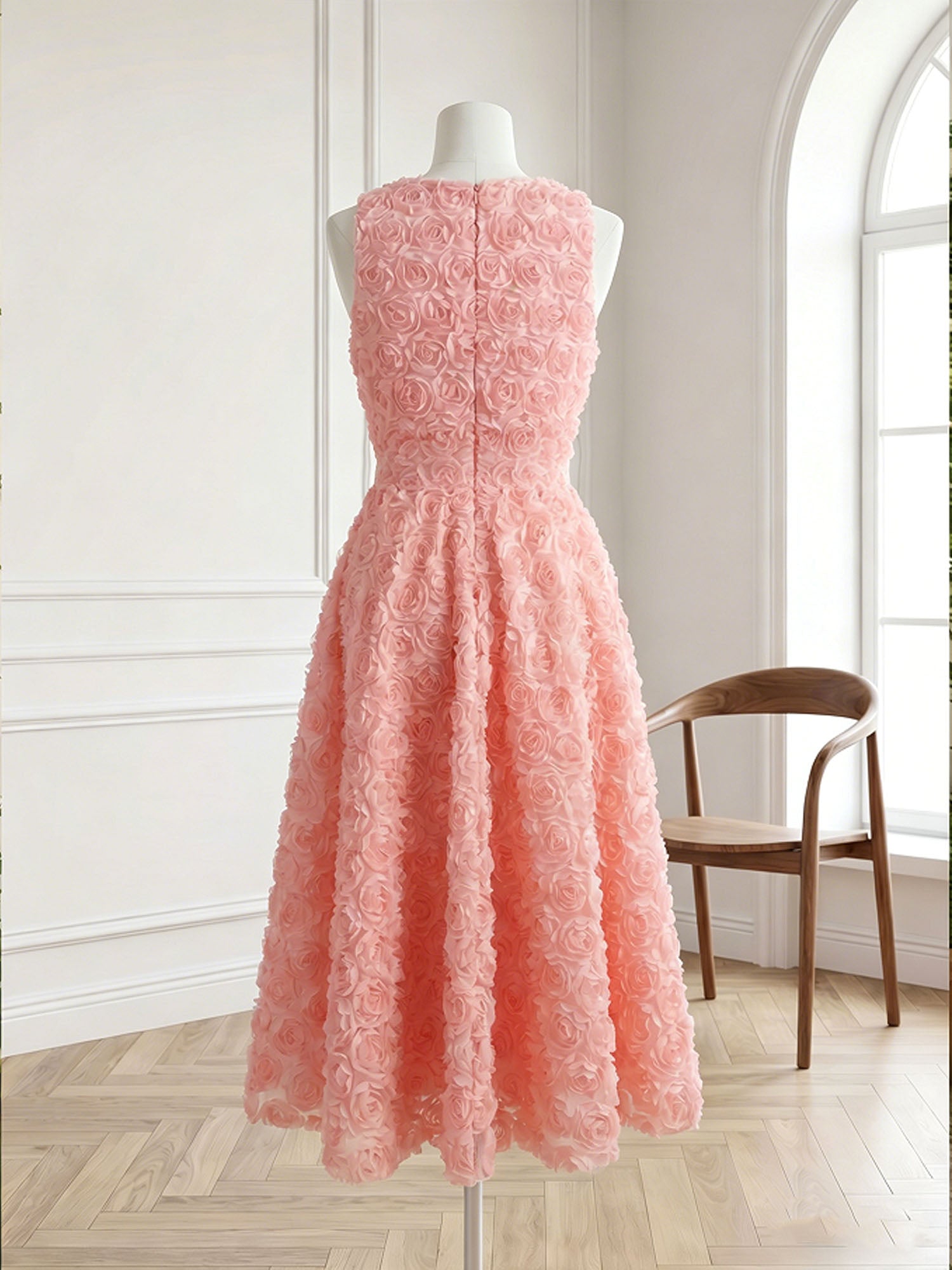 Pink 3D Floral Bow Crew Neck A-Line Midi Dress