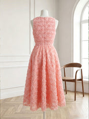 Pink 3D Floral Bow Crew Neck A-Line Midi Dress