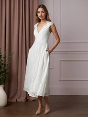 White A-Line Tea-Length Lace Wedding Dress