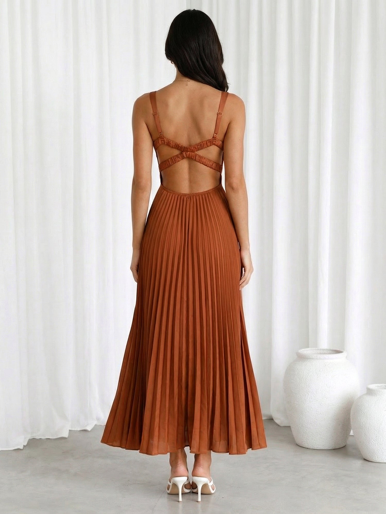 Orange V Neck Regular Straps A Line Maxi Dress with Pleat