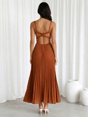 Orange V Neck Regular Straps A Line Maxi Dress with Pleat