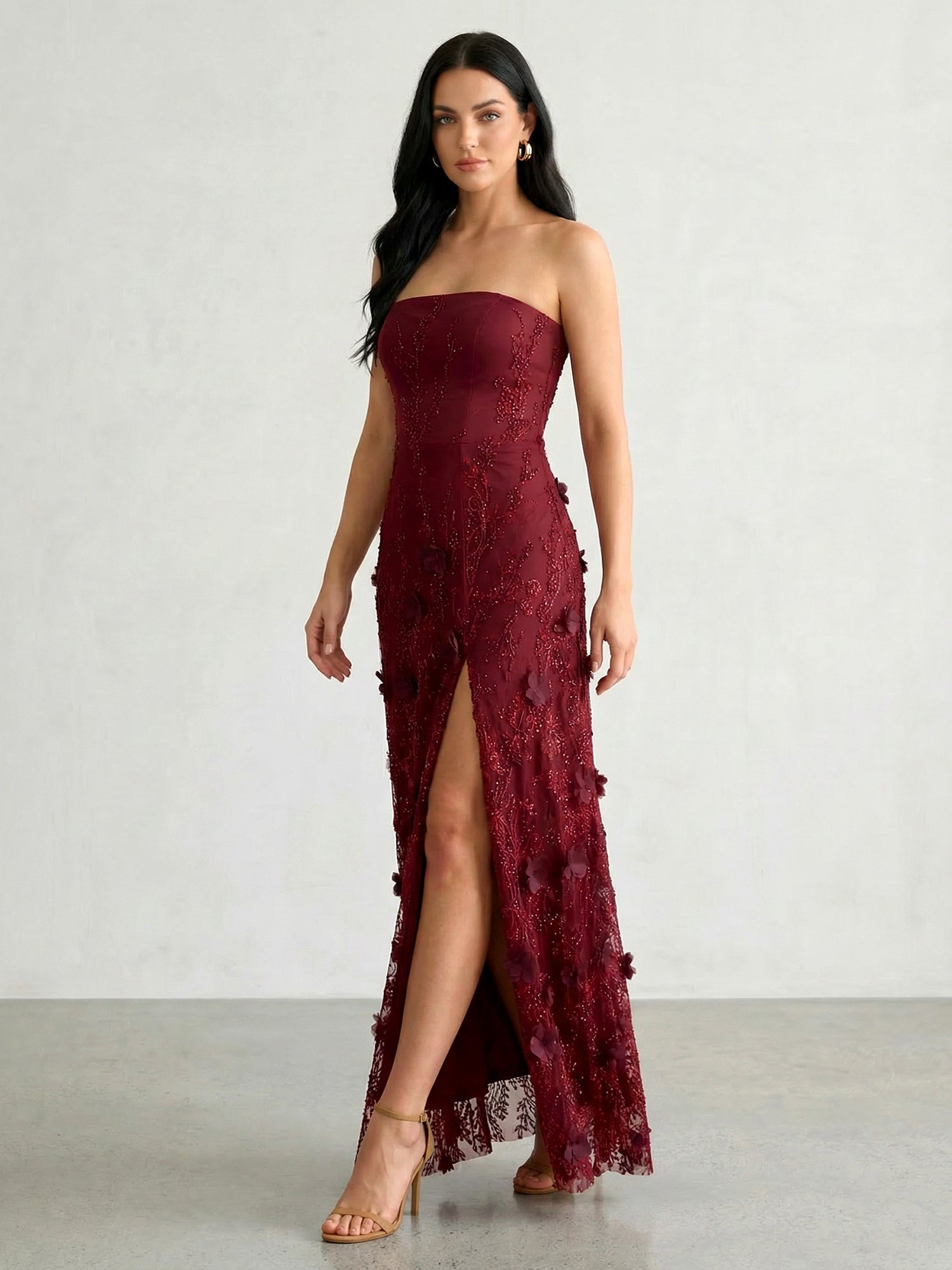Burgundy 3D Floral Lace Strapless A-Line Gown with Side Slit