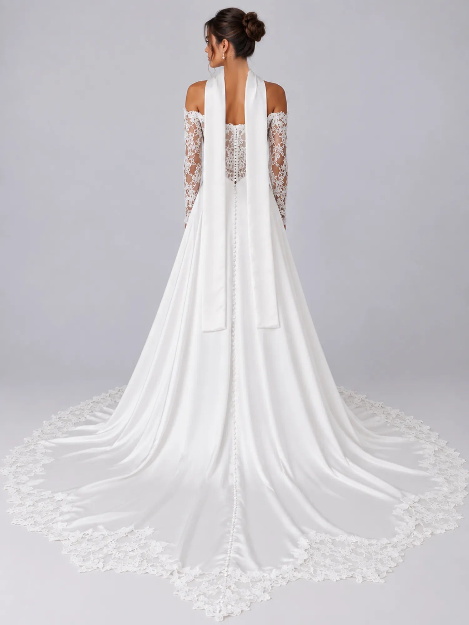 Elegant White Off-the-Shoulder Lace-Trimmed Slit Wedding Dress