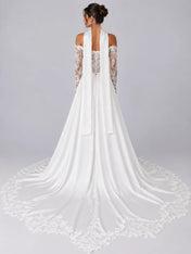 Elegant White Off-the-Shoulder Lace-Trimmed Slit Wedding Dress