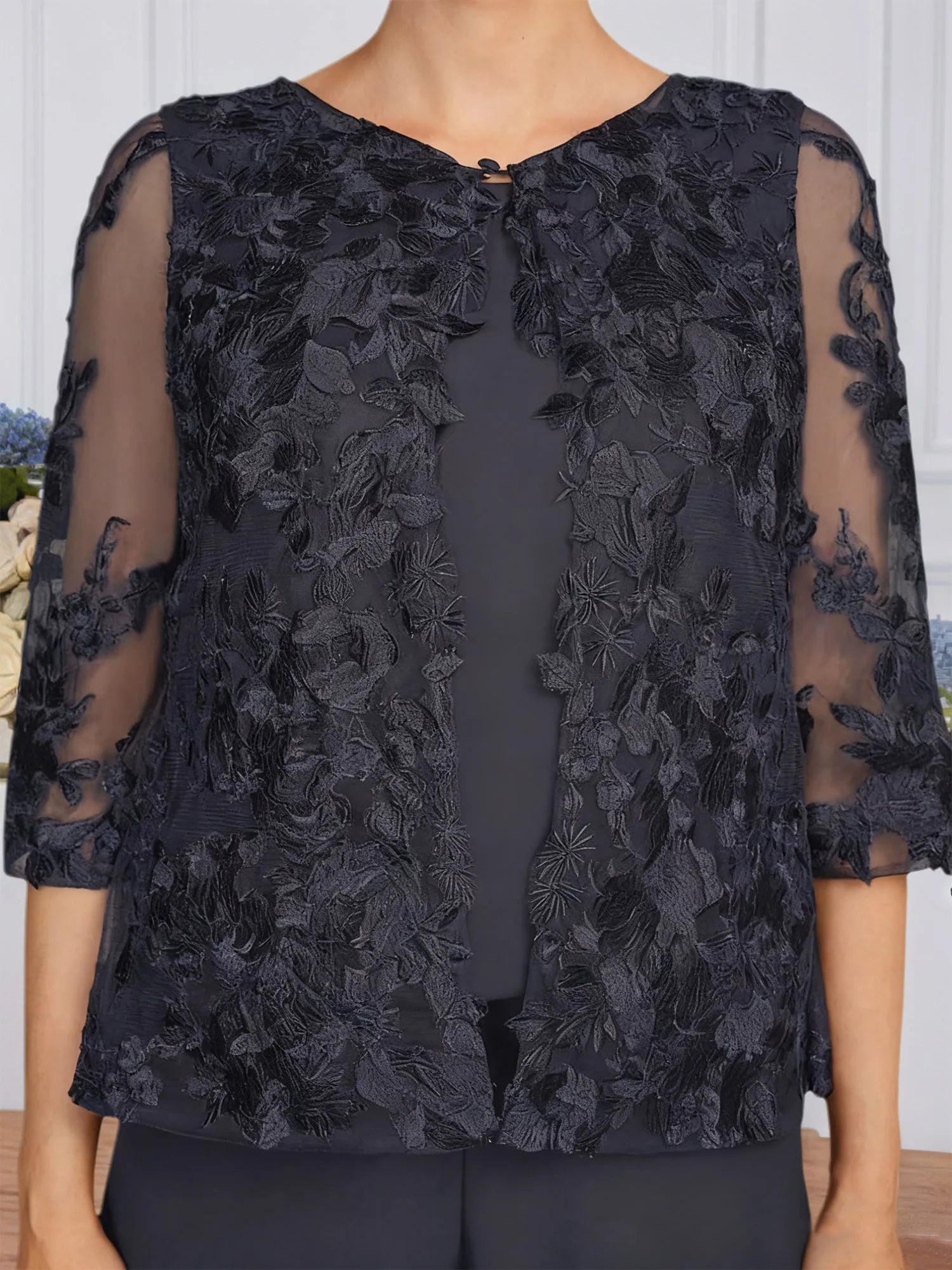 Pantsuits Separates V-Neck Floor-Length Lace Chiffon Mother of the Bride Dress