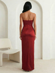 Red Strapless Satin Mermaid Pleat Maxi Dress with Slit