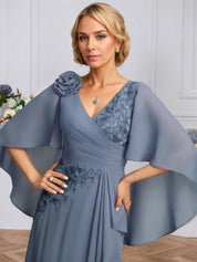 A-line V-Neck Floor-Length Lace Chiffon Mother of the Bride Dress With 3D Floral Sequins Cascading Ruffles