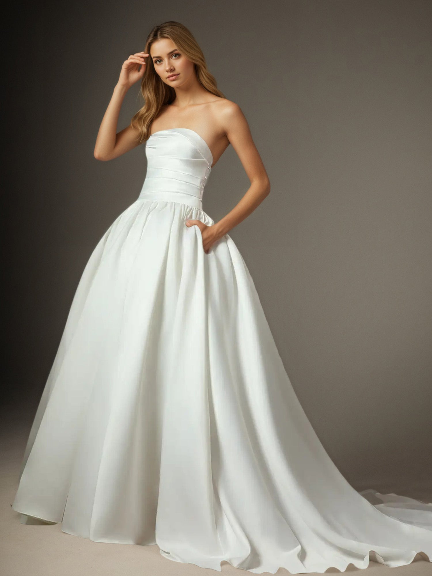 White Ball-Gown Strapless Matte Satin Wedding Dress