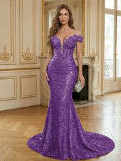 Sparkly Off The Shoulder Sequin Long Mermaid Corset Prom Dresses