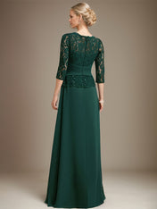 A-line Scoop Illusion Floor-Length Chiffon Lace Mother of the Bride Dress With Pleated Sequins Beading