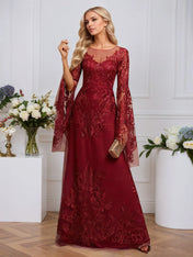 A-line Scoop Illusion Floor-Length Tulle Lace Evening Dress With Sequins