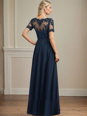 A-line Scoop Illusion Floor-Length Chiffon Lace Mother of the Bride Dress With Sequins Beading