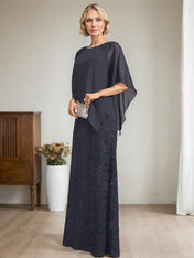 Sheath/Column Scoop Floor-Length Chiffon Lace Mother of the Bride Dress With Sequins Beading