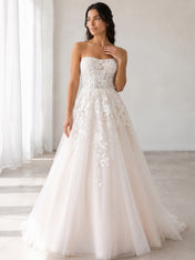 Elegant Strapless White Lace A-Line Wedding Dresses with Corset and Chapel Train