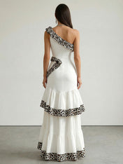 White Leopard Trim One-Shoulder Tiered Ruffle Maxi Dress