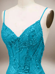 Green Mermaid Sparkly Spaghetti Straps Corset Long Prom Dress with Slit