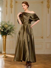 A-line Short Sleeves Pleated Ankle-Length Silk like Satin Mother of the Bride Dress