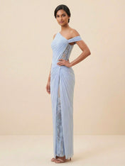 Elegant One-Shoulder Draped Maxi Dress with Lace Slit