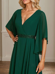 A-line V-Neck Floor-Length Chiffon Mother of the Bride Dress With Sequins Appliques Lace Beading