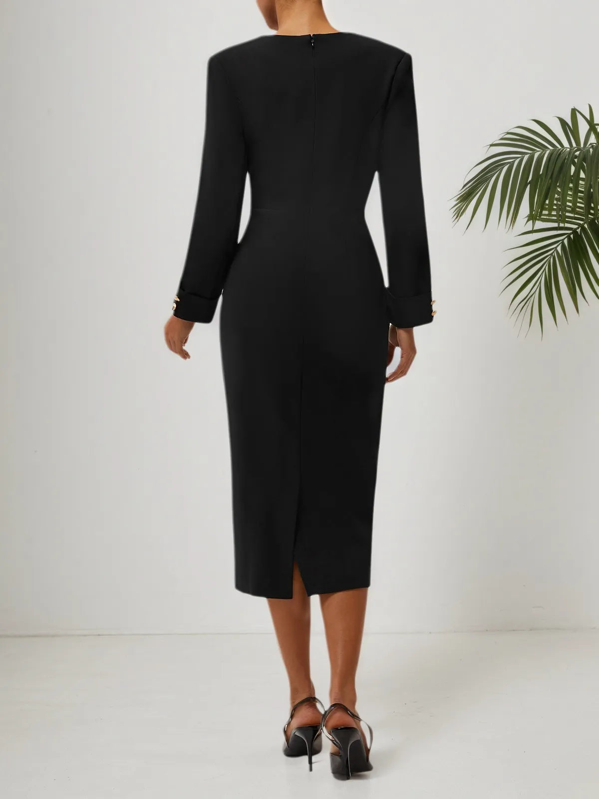Black Buckle V Neck Long Sleeve Sheath Midi Blazer Dress