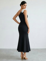 Black One-Shoulder 3D Floral Appliqué Mermaid Midi Dress