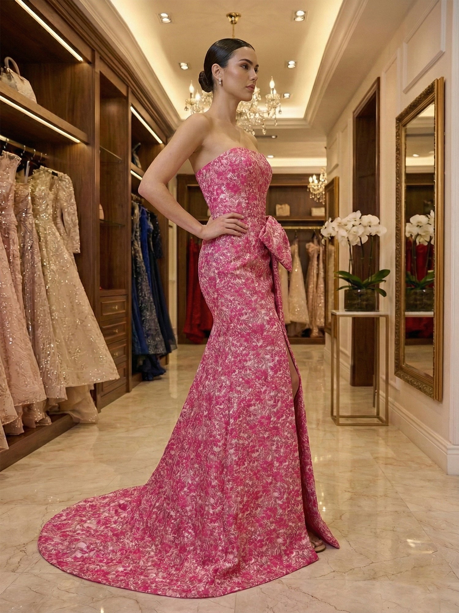 Hot Pink Floral Brocade Strapless Oversized Bow Prom Dress with Slit