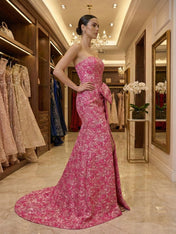 Hot Pink Floral Brocade Strapless Oversized Bow Prom Dress with Slit