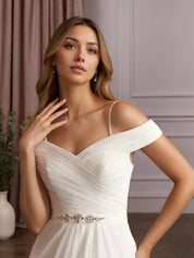 White A-Line Off The Shoulder Sequins Chiffon Wedding Dress