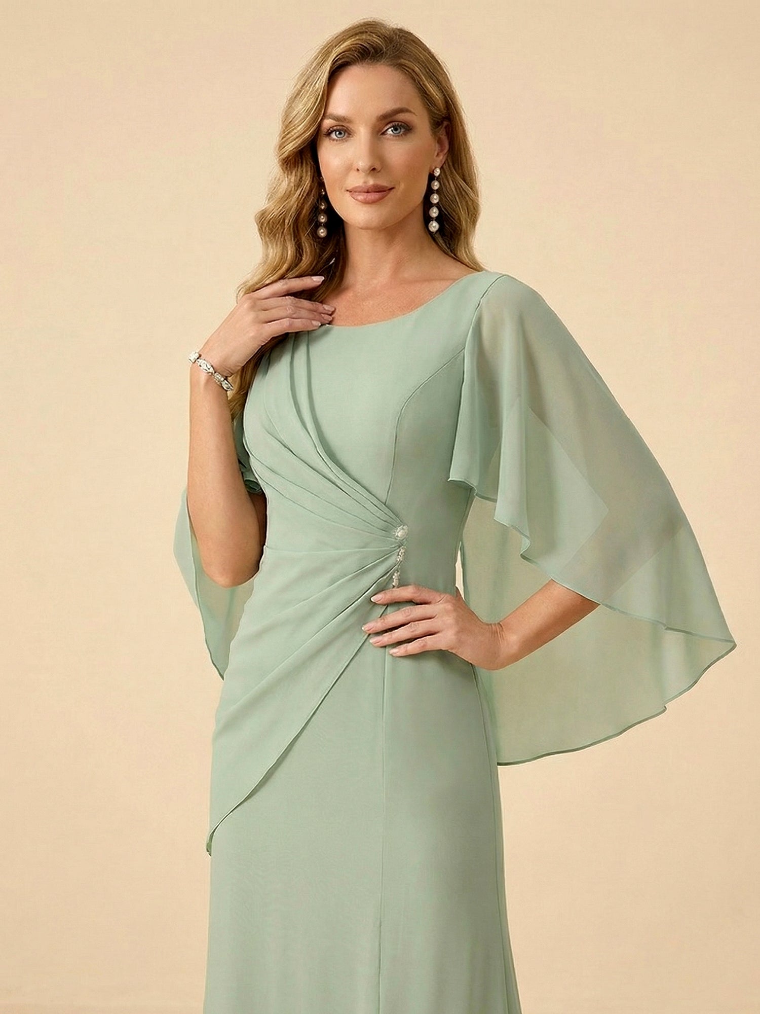 Sage Green Chiffon Beaded Mother of the Bride Dress with Cape Sleeves