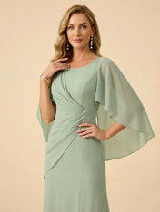 Sage Green Chiffon Beaded Mother of the Bride Dress with Cape Sleeves