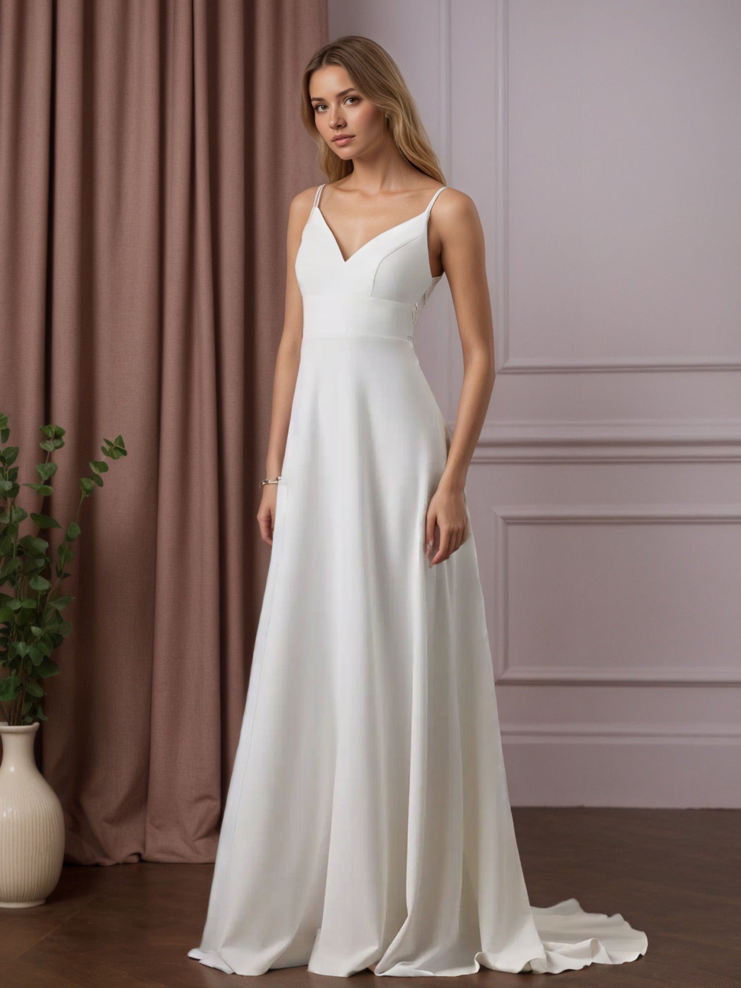 White A-Line V-Neck Sequins Stretch Crepe Wedding Dress