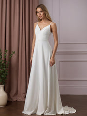 White A-Line V-Neck Sequins Stretch Crepe Wedding Dress