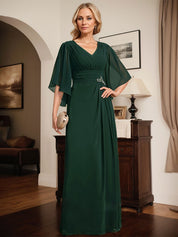 Robe de mère de la mariée fourreau/colonne, col en V, longueur au sol, en mousseline, avec paillettes plissées et perles 